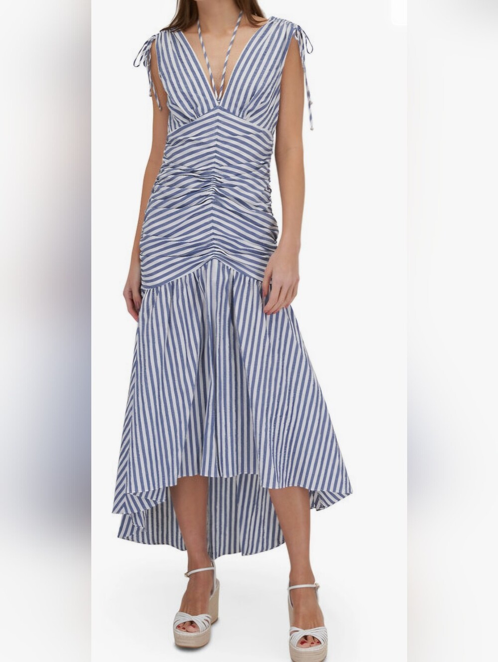 Veronica Beard Perrine Striped Blue & White Seersucker V-Neck Dress 12